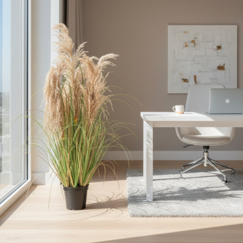 Decoratiuni Sarbatori & Sezoniere - Planta decorativa in ghiveci, 5 fire, 90cm, Stuf Artificial si Iarba, Material Textil si Plastic, Verde Tomnal