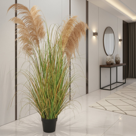 Decoratiuni Sarbatori & Sezoniere - Planta decorativa in ghiveci, 7 fire, 170cm, Stuf Artificial si Iarba, Material Textil si Plastic, Verde Tomnal