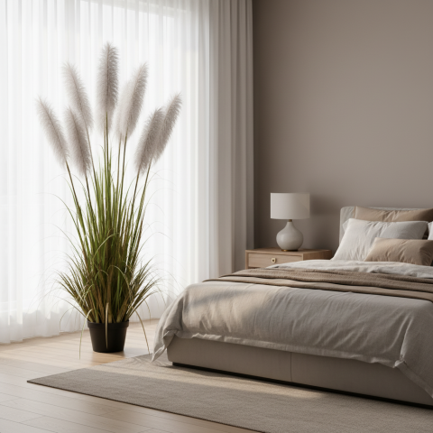 Decoratiuni Sarbatori & Sezoniere - Planta decorativa in ghiveci, 7 fire, 220cm, Stuf Artificial, Material Textil si Plastic, Verde si Gri