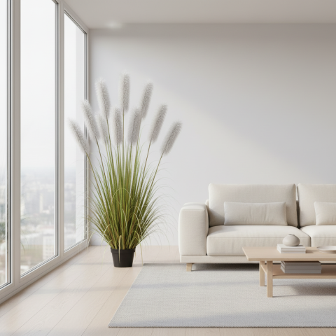 Curte si Gradina- Solutii Smart pentru Exterior - Planta decorativa in ghiveci, 9 fire, 240cm, Stuf Artificial, Material Textil si Plastic, Verde si Gri