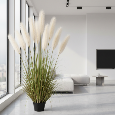 Decoratiuni Sarbatori & Sezoniere - Planta decorativa in ghiveci, 9 fire, 240cm, Stuf Artificial, Material Textil si Plastic, Verde si Roz