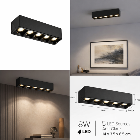 Proiector LED Liniar Aplicat Grila 8W, Lumina Neutra 4000K, 5 surse, 14 x 3.5 x 6.5 cm [2]