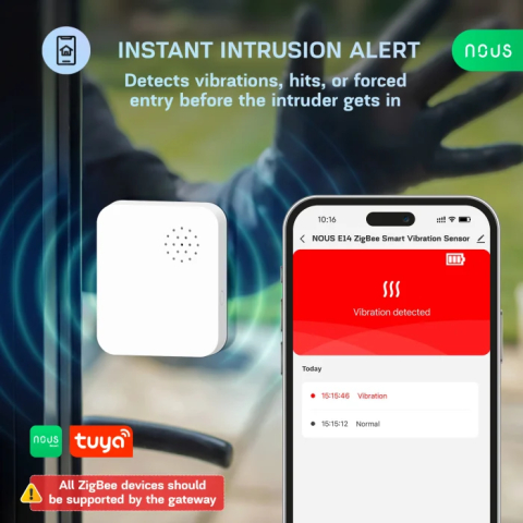 Senzor Vibratii Smart NOUS E14 Zigbee 3.0, alarma anti-efractie cu sirena puternica, notificari aplicatie, compatibil Alexa/Google Assistant [1]