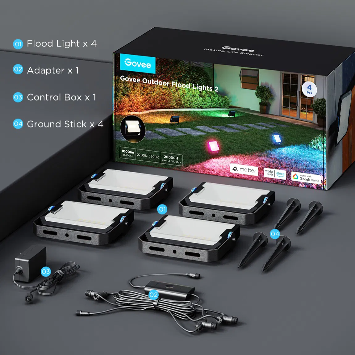 Set 4 proiectoare Govee Ground Lights 2 H8057 RGBICWW LED, Alexa, Google ,Matter, 24W,1000lm, Sincronizare muzica, Exterior, IP66 Govee [9]