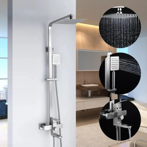 Obiecte sanitare - SET Coloana de dus cu baterie, Inox, para patrata, efect ploaie, 3 functii, montare pe perete, Satinat, Accesorii Incluse, LY005