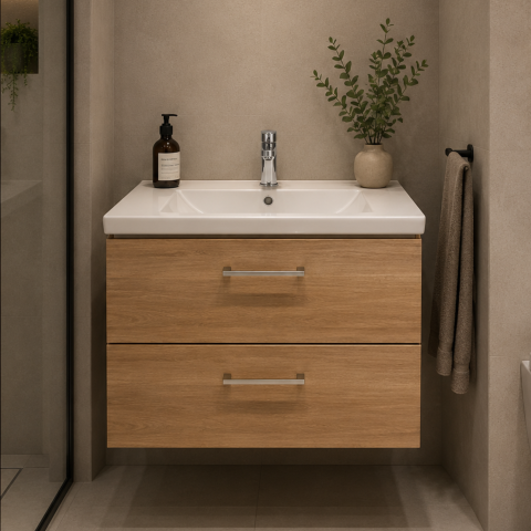 Obiecte sanitare - Set Mobilier CELO pentru Baie, Dulap Lavoar, 2 Sertare, Alb si Maro