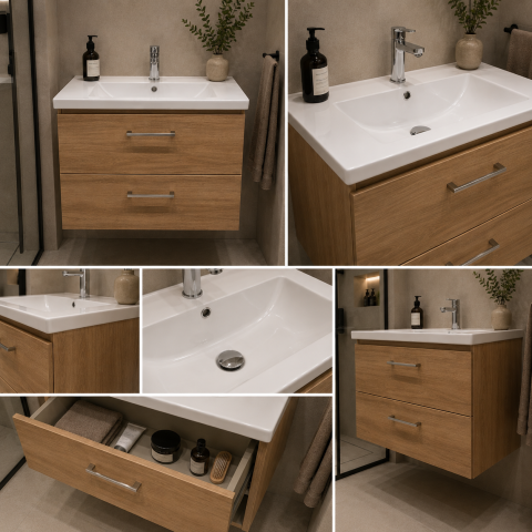Set Mobilier CELO pentru Baie, Dulap Lavoar, 2 Sertare, Alb si Maro [1]