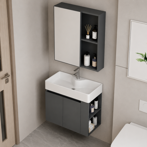 Set Mobilier EVOQ pentru Baie ,Dulap Lavoar+Dulap Oglinda 80cm, 2 Piese, Gri si Alb [1]