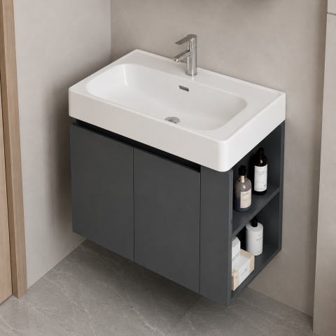 Set Mobilier EVOQ pentru Baie ,Dulap Lavoar+Dulap Oglinda 80cm, 2 Piese, Gri si Alb [2]