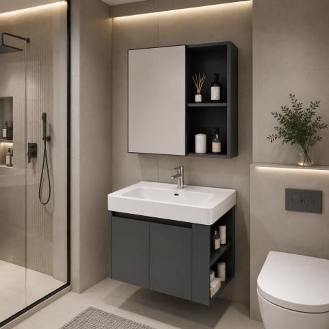 Obiecte sanitare - Set Mobilier EVOQ pentru Baie ,Dulap Lavoar+Dulap Oglinda 80cm, 2 Piese, Gri si Alb