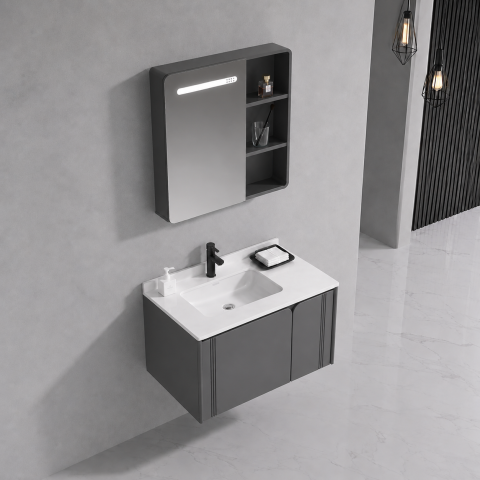 Set Mobilier ORIA pentru Baie, Dulap Lavoar+Dulap Oglinda 80cm, 3 Piese, Gri si Alb [2]