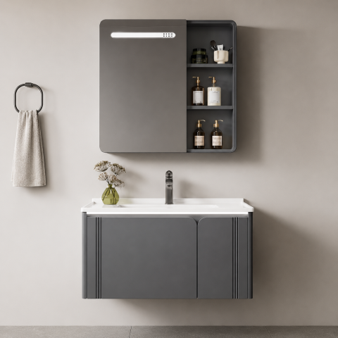 Produse Alessandro - Set Mobilier ORIA pentru Baie, Dulap Lavoar+Dulap Oglinda 80cm, 3 Piese, Gri si Alb