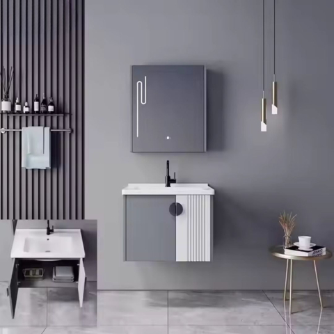 Obiecte sanitare - Set Mobilier pentru Baie MYKONOS, 60x40cm, 2 Piese, Gri si Alb