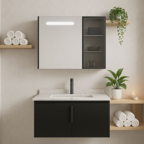 Set Mobilier pentru Baie RHODOS, 80cm, 2 Piese, Negru si Alb [1]