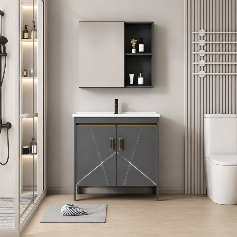 Set Mobilier SIENA pentru Baie ,Dulap Lavoar+Dulap Oglinda 100cm, 2 Piese, Gri si Negru [1]
