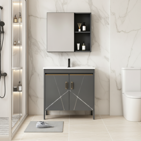Obiecte sanitare - Set Mobilier SIENA pentru Baie ,Dulap Lavoar+Dulap Oglinda 60cm, 2 Piese, Gri si Alb