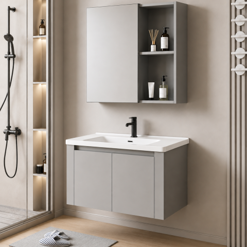 Obiecte sanitare - Set Mobilier TIVOLI pentru Baie ,Dulap Lavoar+Dulap Oglinda 80cm, 2 Piese, Gri si Alb