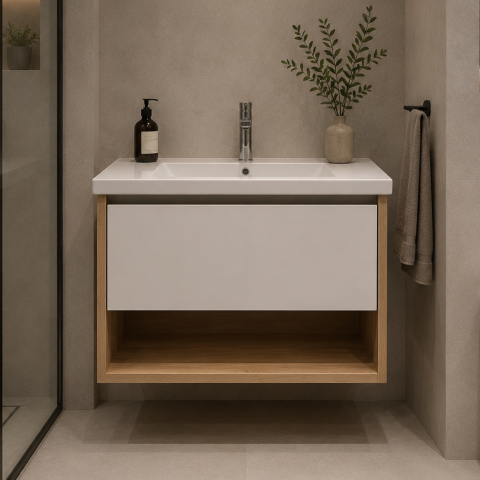 Obiecte sanitare - Set Mobilier VALO pentru Baie, Dulap Lavoar, 1 Sertar, Alb si Maro