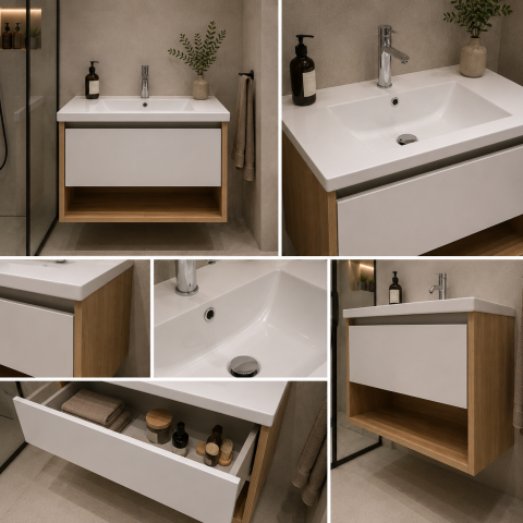 Set Mobilier VALO pentru Baie, Dulap Lavoar, 1 Sertar, Alb si Maro [1]
