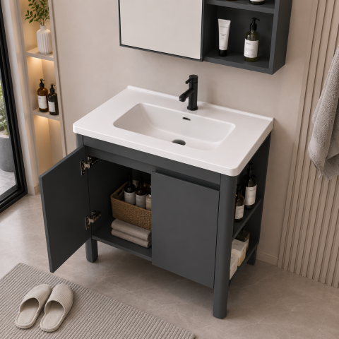 Set Mobilier VION pentru Baie ,Dulap Lavoar+Dulap Oglinda 60cm, 2 Piese, Gri si Alb [3]