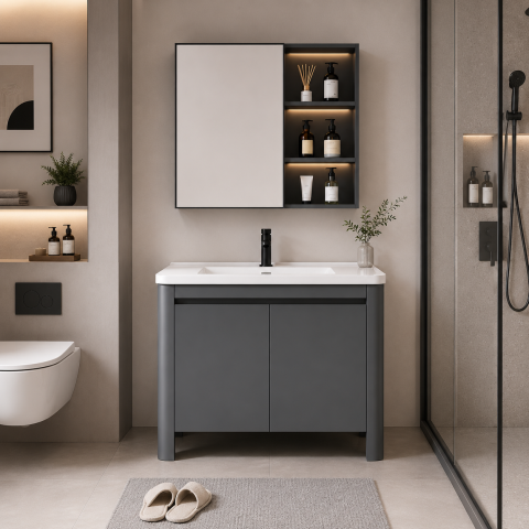 Set Mobilier VION pentru Baie ,Dulap Lavoar+Dulap Oglinda 60cm, 2 Piese, Gri si Alb [1]