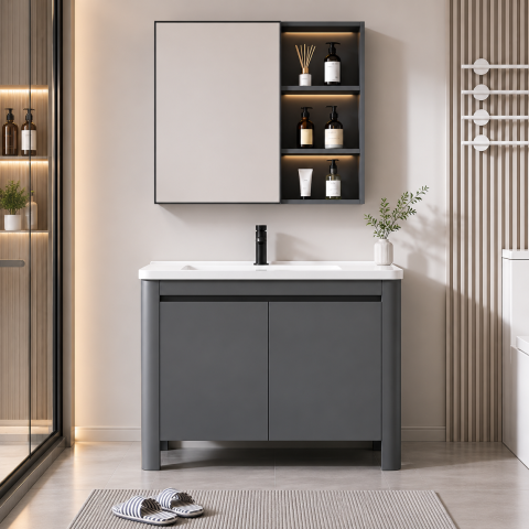 Obiecte sanitare - Set Mobilier VION pentru Baie ,Dulap Lavoar+Dulap Oglinda 60cm, 2 Piese, Gri si Alb