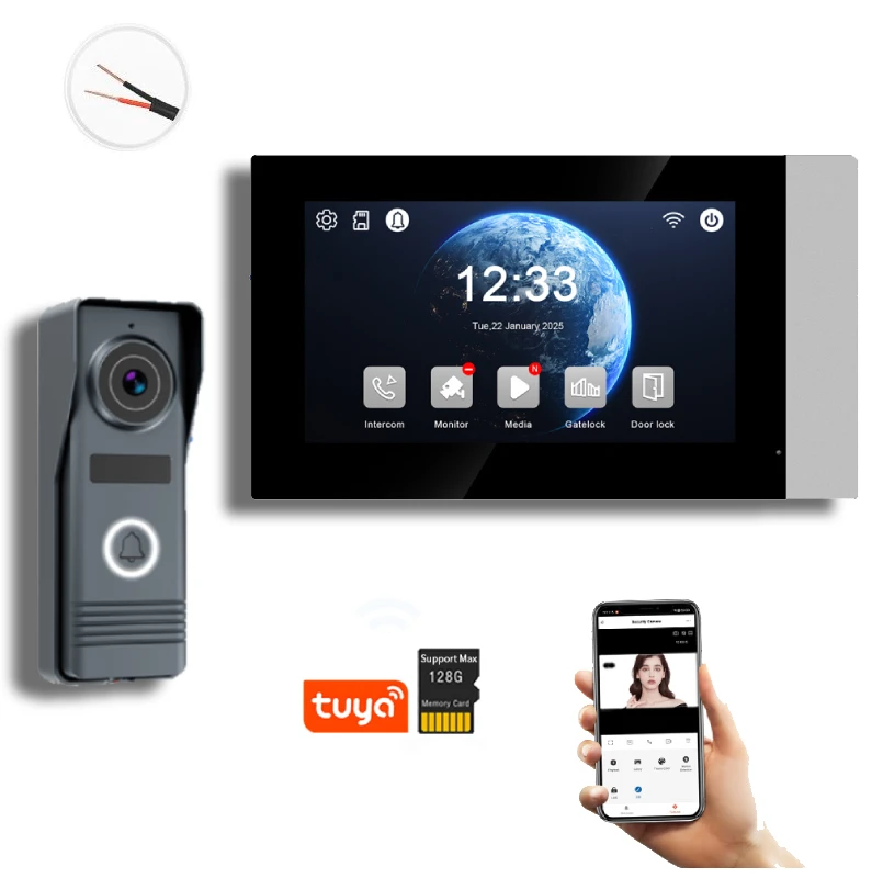 Videointerfoane Smart - Kit Video-interfon pentru casa-vila conexiune cu 2 fire, WiFi control aplicatie, monitor-video interior si unitate exterioara cu 1 buton protectie IP 65
