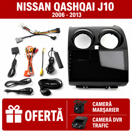 NAVIGATII DEDICATE - Navigatie Nissan Qashqai (2006-2014), 2GB RAM, Android, GPS, Wi-FI, Carplay, Android Auto, USB, Bluetooth, Radio, Waze, Touchscreen, 9 inch HUB64 + CAMERE