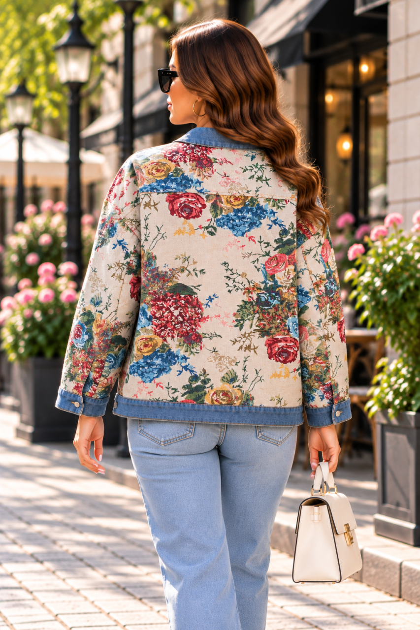Geacă damă cu imprimeu floral și detalii din denim [3]