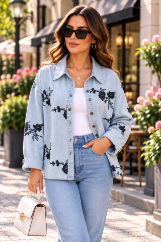 Produse - Cămașă din denim cu broderie florală neagră