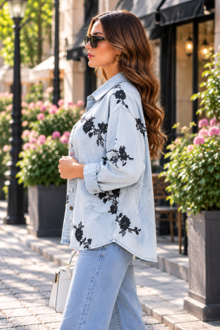 Cămașă din denim cu broderie florală neagră [1]