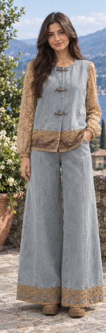 Produse - ✨ Compleu elegant din denim cu dantelă maro