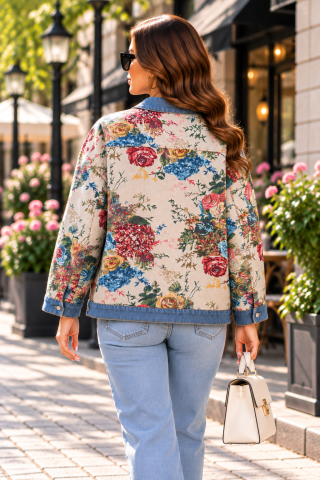Geacă damă cu imprimeu floral și detalii din denim [2]