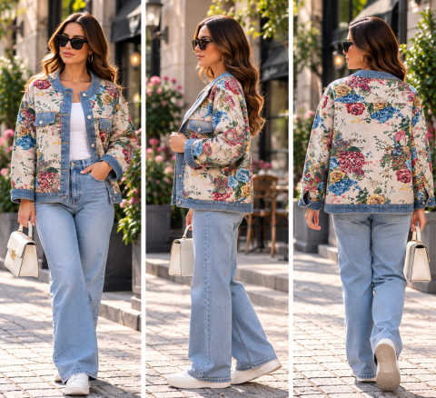 Geacă damă cu imprimeu floral și detalii din denim [3]