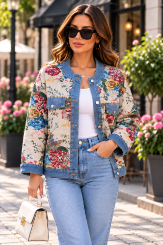 Produse - Geacă damă cu imprimeu floral și detalii din denim