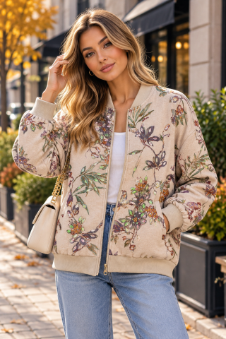Produse - Geacă damă tip bomber cu imprimeu floral și aplicații strălucitoare