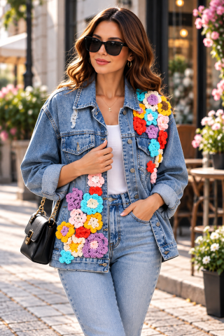 Produse - Geacă din denim cu flori croșetate, un plus de culoare și originalitate!