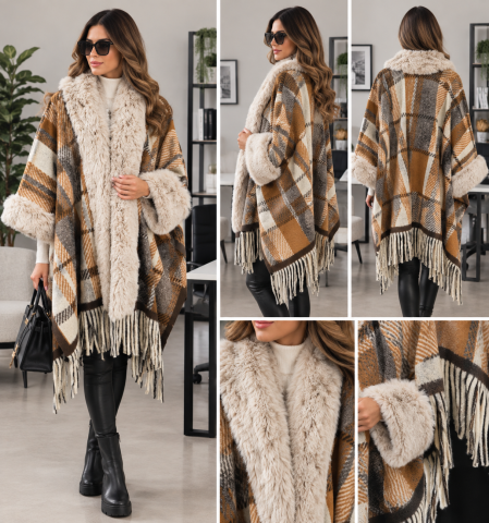 Poncho damă elegant, în carouri, cu blăniță [3]
