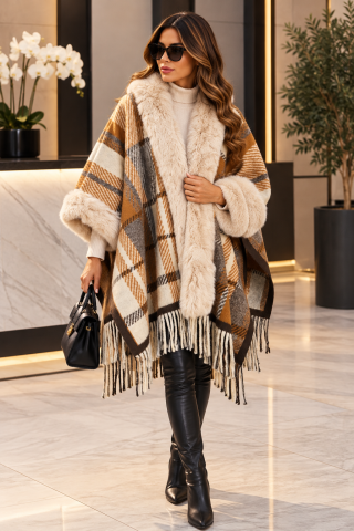 Produse - Poncho damă elegant, în carouri, cu blăniță