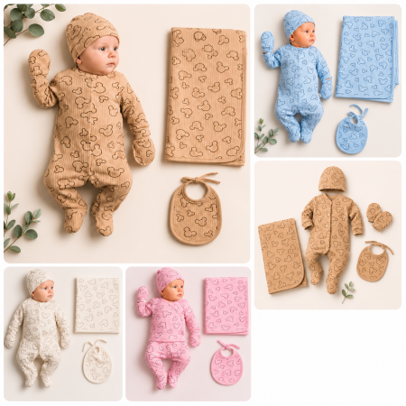 Produse - Set cadou pentru bebeluși – Body cu capse, păturică, căciuliță și babețică (0–3 luni)