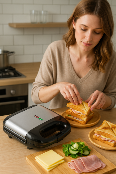 Aparat Sandwich 750W cu Placi Antiaderente, Termostat, Leduri Indicator si Design Compact, Maner Termorezistent [5]