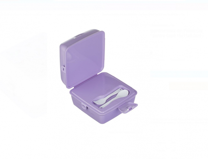 Caserola Patrata, CELhome, Compartimentata din Plastic Lila Fluturi „Enjoy” pentru Fete - 1.3L cu Lingurita si Furculita [3]