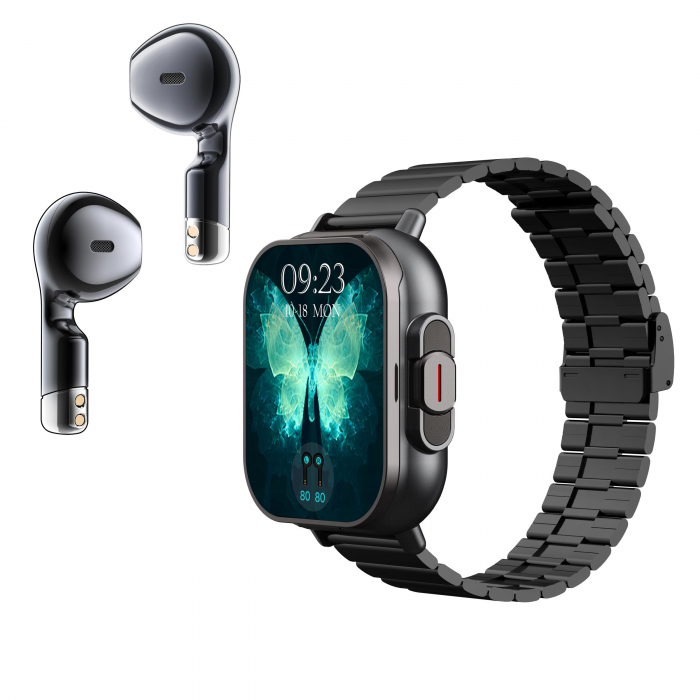 Ceas Smartwatch cu Casti Bluetooth Incorporate, Curea Silicon, 2 in 1, CELhome D8, Ritm Cardiac, Tensiune Arteriala, Monitorizarea Somnului, Fitness, Negru + 1 x Curea Metalica [20]