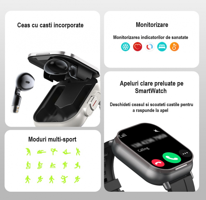 Ceas Smartwatch cu Casti Bluetooth Incorporate, Curea Silicon, 2 in 1, CELhome D8, Ritm Cardiac, Tensiune Arteriala, Monitorizarea Somnului, Fitness, Negru + 1 x Curea Metalica [12]