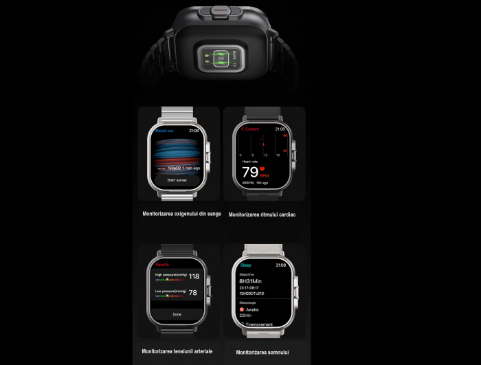 Ceas Smartwatch cu Casti Bluetooth Incorporate, Curea Silicon, 2 in 1, CELhome D8, Ritm Cardiac, Tensiune Arteriala, Monitorizarea Somnului, Fitness, Negru + 1 x Curea Metalica [10]