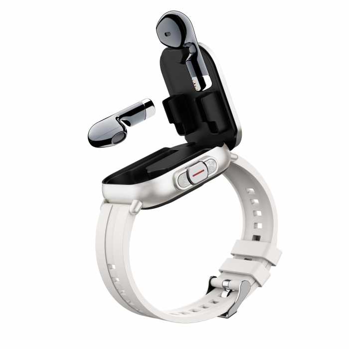 Ceas Smartwatch cu Casti Bluetooth Incorporate, Curea Silicon, 2 in 1, CELhome D8, Ritm Cardiac, Tensiune Arteriala, Monitorizarea Somnului, Fitness, Silver + 1 x Curea Metalica [10]