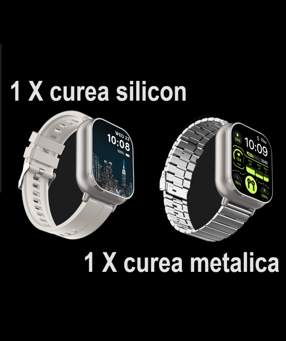 Ceas Smartwatch cu Casti Bluetooth Incorporate, Curea Silicon, 2 in 1, CELhome D8, Ritm Cardiac, Tensiune Arteriala, Monitorizarea Somnului, Fitness, Silver + 1 x Curea Metalica [2]