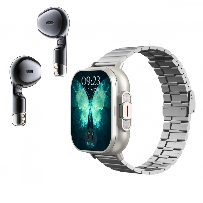 Ceas Smartwatch cu Casti Bluetooth Incorporate, Curea Silicon, 2 in 1, CELhome D8, Ritm Cardiac, Tensiune Arteriala, Monitorizarea Somnului, Fitness, Silver + 1 x Curea Metalica [8]