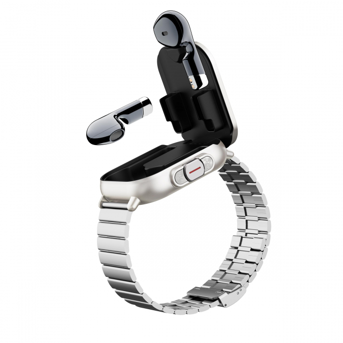 Ceas Smartwatch cu Casti Bluetooth Incorporate, Curea Silicon, 2 in 1, CELhome D8, Ritm Cardiac, Tensiune Arteriala, Monitorizarea Somnului, Fitness, Silver + 1 x Curea Metalica [6]