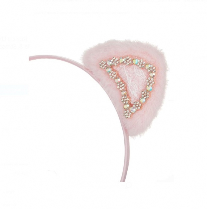 Coronita CELhome, Par Roz cu Urechi din Imitatie de Blana, Dantela si Strass – Accesoriu Elegant pentru Copii [3]